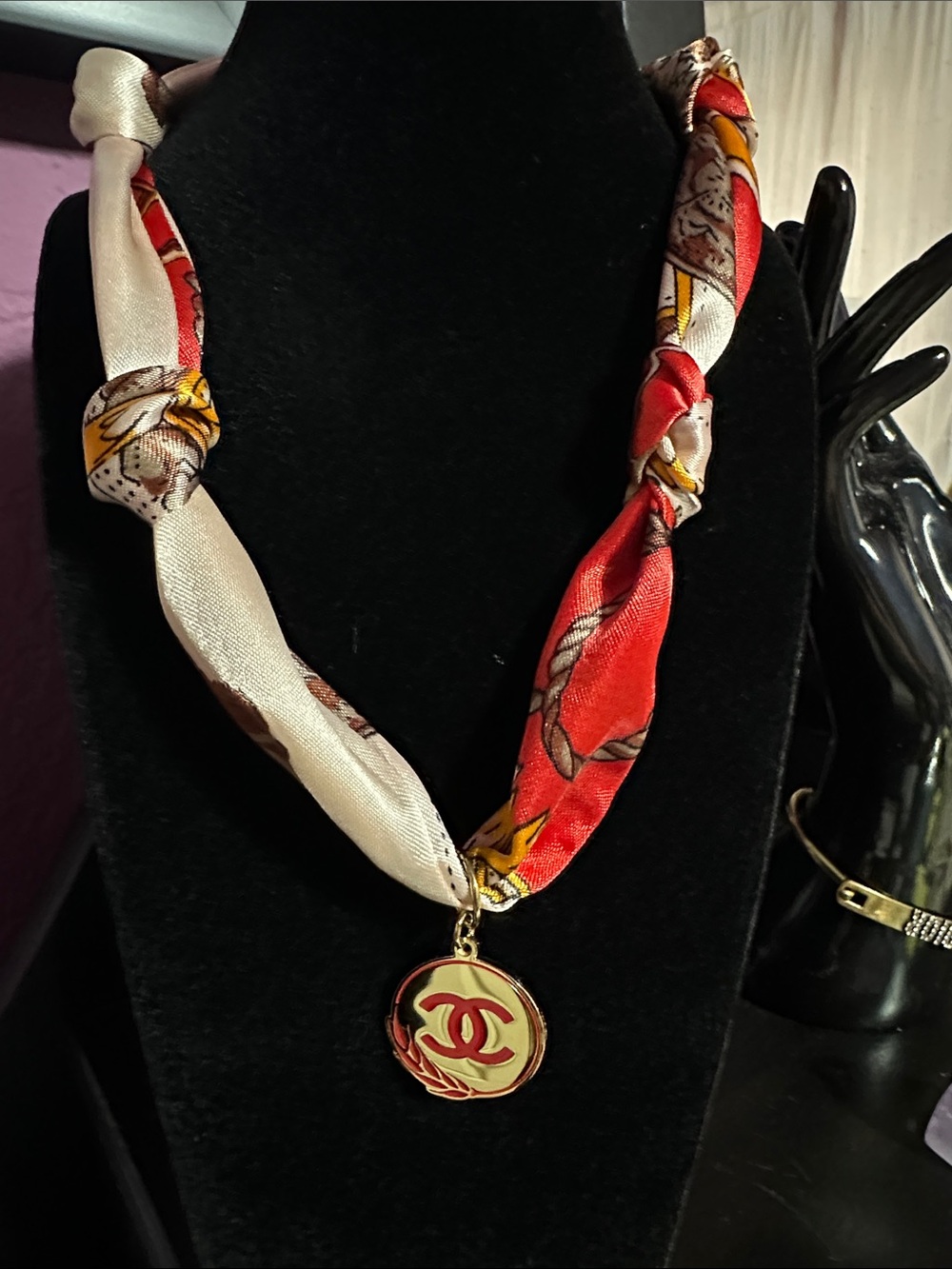 Red, Cream Silk Twisted Scarf Necklace with Gold CC Pendant